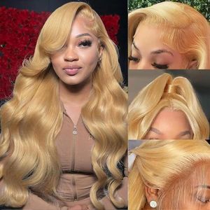 Perruque Lace Front Wig naturelle, cheveux humains, blond miel, #27, Body Wave, 13x4, Transparent HD, densité 180%, pour femmes