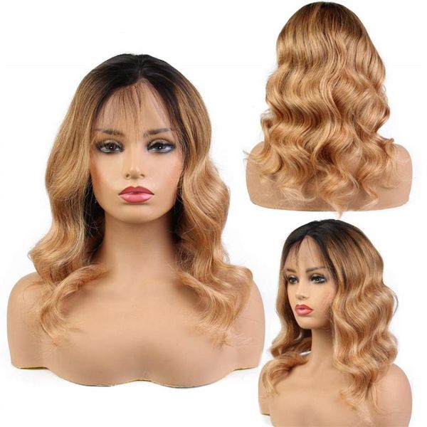 Honey Blonde Ombre Pelucas de cabello humano Body Wave Pelucas de encaje completo Virgin Brazilian Wavy Glueless Lace Front Peluca Dos tonos Color # 1B # 27262J