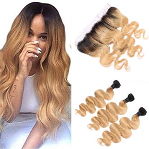 Honey Blonde Ombre Virgin Indian Hair Bundles con cierre frontal de encaje 13x4 Body Wave 1B/27 Ombre Hair teje con frontales completos