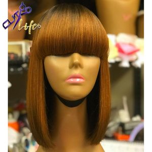 Honey Blonde Pixie Cut Wig Short Bob Blunt Blunt Human Hair Wig With Bang None Lace Lace Sight Wigs for Black Women Peruvian