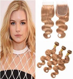 Miel blonde vierge brésilien de cheveux humains body wave tissle bundles with fermeture 27 fraise blonde vierge trame de cheveux avec 4x4 LAC8684998