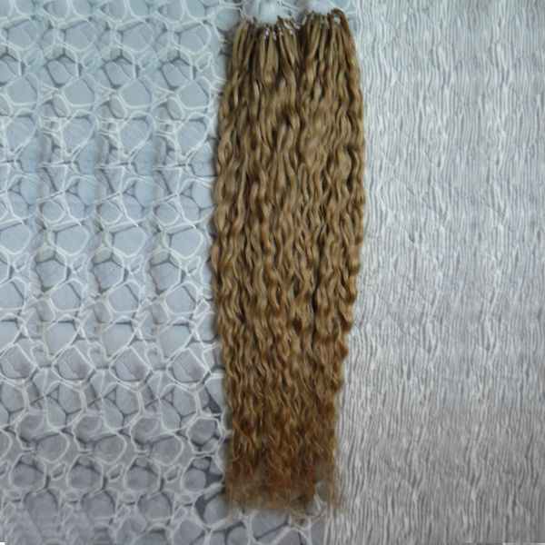 Miel rubia virgen rizado cabello chino rizado micro perla extensiones de cabello 200g rizado rizado micro loop extensiones de cabello 1g / s 200s