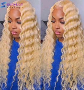 Miel Blonde vague 613 HD Transparent frontal profond bouclé humide et ondulé 13X4 dentelle avant perruques de cheveux humains 2880525