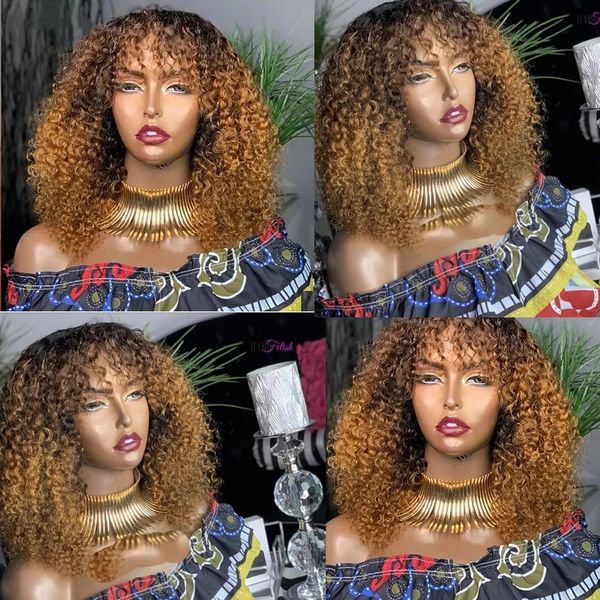 Honey Blonde Wig # 1b27 Ombre Couleur Court Afro Kinky Curly Bob Cut Full Machine Made Wig No Lace Perruques de Cheveux Humains Avec Bangs Remy