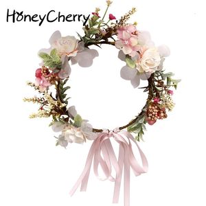 HoneyCherry – couronne de coiffure pour enfants, bandeau avec nœud en ruban rose, accessoires de cheveux à fleurs pour 1-7 ans, 240105