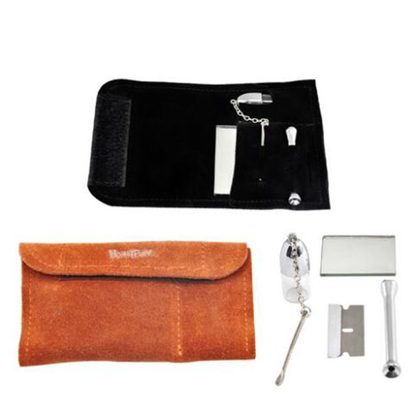 HONEYPUFF Snuff Snorter Kit Mini Verre Sniffer Snuff Bouteille PU Cuir Lame en Acier Inoxydable Mini Cuillère en Métal Tube de Fumage Tuyaux Outil Portable Pochette Sac Étui Ensemble