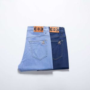 Pantalones vaqueros Tencel de gama alta de Hong Kong para hombre, pantalones elásticos largos de marinero, color azul claro, finos, sueltos, rectos, de verano