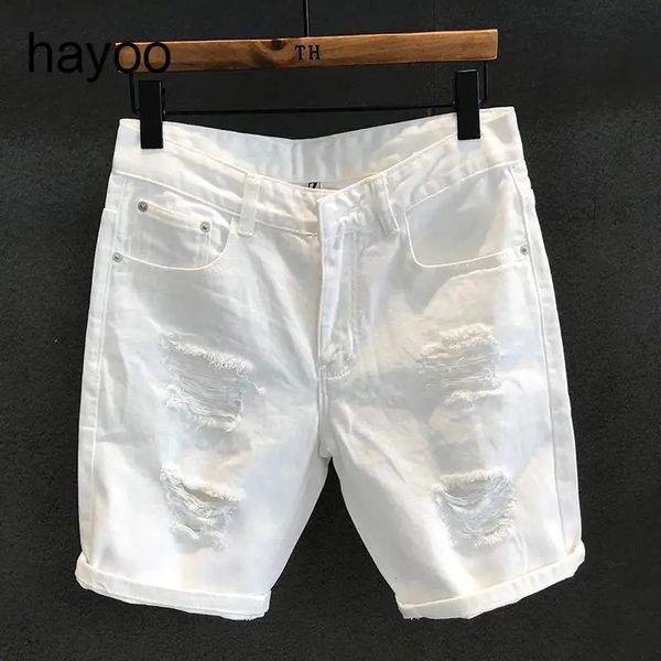 Hong Kong Style All-Match Brand Trendy Brand White Ripped Denim Shorts Mens Casual Casual Trendy Summer Rasage Rasage Cropped Pantals 240511