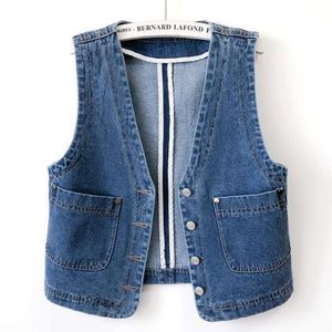 Hong Kong-stijl retro denim vest kort dames slim fit lente en herfst casual kraagloos