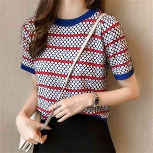 Hong Kong Stijl Retro Polka Dot Ice Silk Gebreide T-shirt Vrouwelijke Ronde Hals Korte Mouw Bottoming Pullover Dames Spring 210427