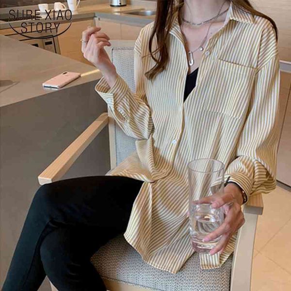 Hong Kong Style Retro Stripe Shirt Femmes Blouse Lâche Jaune Noir Treillis Chemises Plus La Taille Tops Blouses Vintage Blusas 7937 50 210417