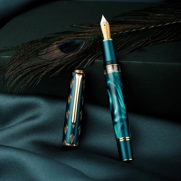 Hongdian N7 Resin Piston Fountain Pen EF / F / M / Long Knife Nib Beautiful Green / Grey Peacock Totem Cap Write Office Gift Ink Pen 240417