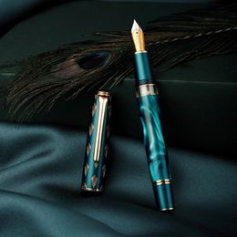 Hongdian N7 Resin Piston Fountain Pen Effmlong Knib Nib Beautiful Green Grey Peacock Totem Cap Wriming Office Gift Ink 240428