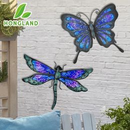 Hongland-metal vlinder Dragonfly Garden Decoratie Sculptuurstandbeeld voor muurwerk ornamenten van Patio Yard 2 PCS 240416