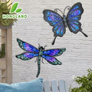 HONGLAND-Metalen Vlinder Dragonfly Tuindecoratie Standbeeld voor Muur Kunst Ornamenten van Patio Yard 2 PCs 240113