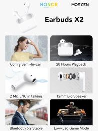 Honor les écouteurs sélectionnés x2 tws écouteurs Moecen confortables semi-auriculaire 12 mm Bio haut-parleur 28h 2 micro encos Bluetooth 5.2 Mode de jeu à faible échec