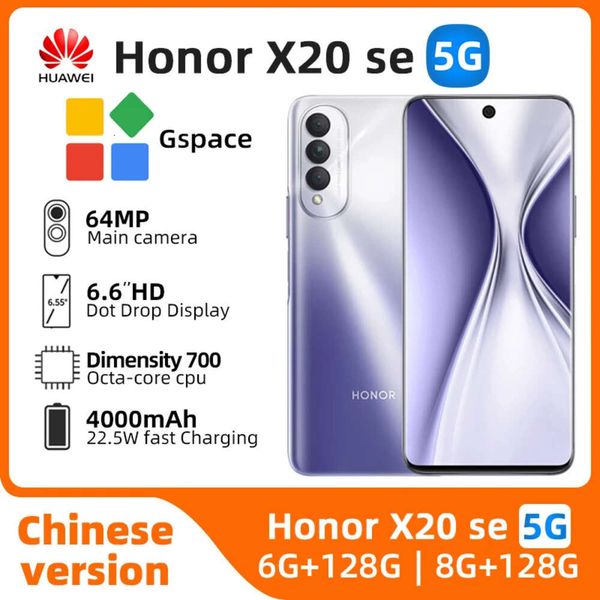 Honor x20 SE 5G Smartphone 6,6 pouces FHD 60Hz Dimensité 700 Android 11 22,5 W Charge rapide 64 MP + 16MP CAMERIE ORIGINAL Téléphone utilisé