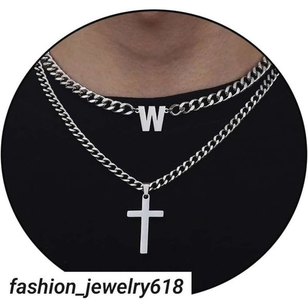 Honsny – collier avec croix initiale en couches, design tendance en acier inoxydable, chaîne cubaine initiale de A à Z, pendentif en croix, bijoux pour garçons et hommes, cadeau