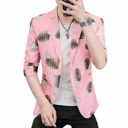 Hoo 2022 Mannen Zomer Cropped Mouwen Gedrukt Pak Jeugd Zon Protecti Hollow-Out Mid-Sleeve Dunne blazer X5Lm #