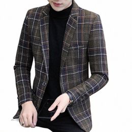 hoo 2023 Costume à carreaux décontracté pour hommes Jeunes Coupe ajustée Beau blazer épais assorti N1to #