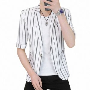 hoo 2023 Blazer rayé à manches trois-quarts pour hommes Teen Trend New Half Sleeve Casual Blazer S3vu #