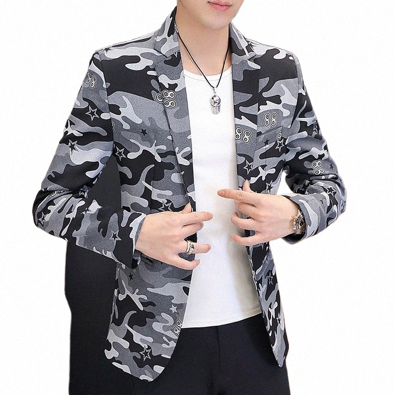 HOO 2024 남자의 캐주얼 카무우 슈트 재킷 스프링 새 슬림 인쇄 블레이저 W1D7#