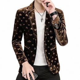 hoo 2024 Nouveau blazer jacquard en forme de cœur pour hommes Or Veet Casual Slim Beau blazer veste M08b #