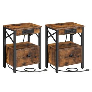 HOOBRO Ensemble de 2 Stations de Chargement, Table Basse avec tiroirs, Prise de Courant avec Port USB, Table de Chevet de Ferme, Chambre à Coucher, Gain de Place, Marron Campagnard et