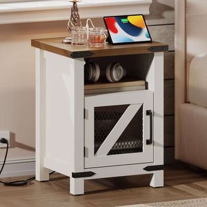 HOOBRO Station de chargement pour table de chevet, espace de rangement pour porte d'extrémité de maison, côté en bois avec prises et ports USB, table de chevet pour canapé, chambre à coucher, blanc antique