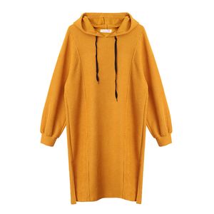 Sweat à capuche décontracté robe longueur genou lâche jaune kaki noir solide automne manches longues D0790 210514