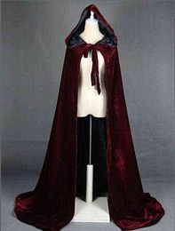 Hooded Mantel Lange Fluwelen Cape Robe Groen Zwart Rood Halloween Carnaval Purim Jassen Middeleeuwse Heks Wicca Vampire Komen voor Volwassen L220714