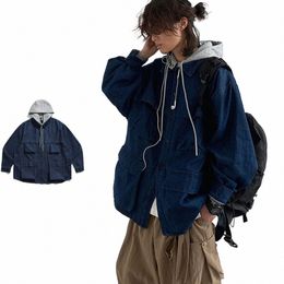 Veste en jean à capuche Hommes Femmes Vintage Cap détachable Cargo Manteau Japonais Oversize Lâche Casual Top Printemps Couple Unisexe Pardessus e76J #