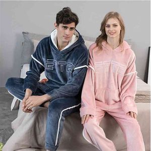 Pantalon de pyjama pour hommes à capuche 2 pièces / set hiver épais vêtements de nuit chaud pour couples décontractés costumes à domicile en vrac 210901