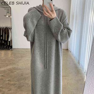 Robe tricotée à capuche femme automne surdimensionné gris solide Chic robe à tricoter Vestido femme coréenne à manches longues automne tricots chaud Y1204