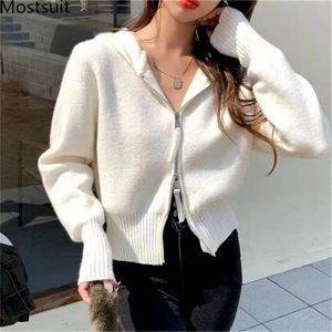 Hooded gebreide vrouwen vest trui lente dikke dubbel-ritsen volledige mouw korte tops casual mode vrouwelijke jumpers 210513