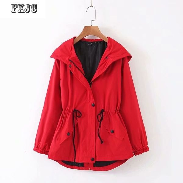 Hooded Revers Loose Long-sleeved Drawstring Waist Red Chic Women's Jacket Windproof Simple Candy-colored Female Coat Tops 201029