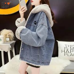 À capuche Plus velours chaud Denim vestes automne hiver Streetwear lâche simple boutonnage neige porter haut décontracté veste pour les femmes 240103