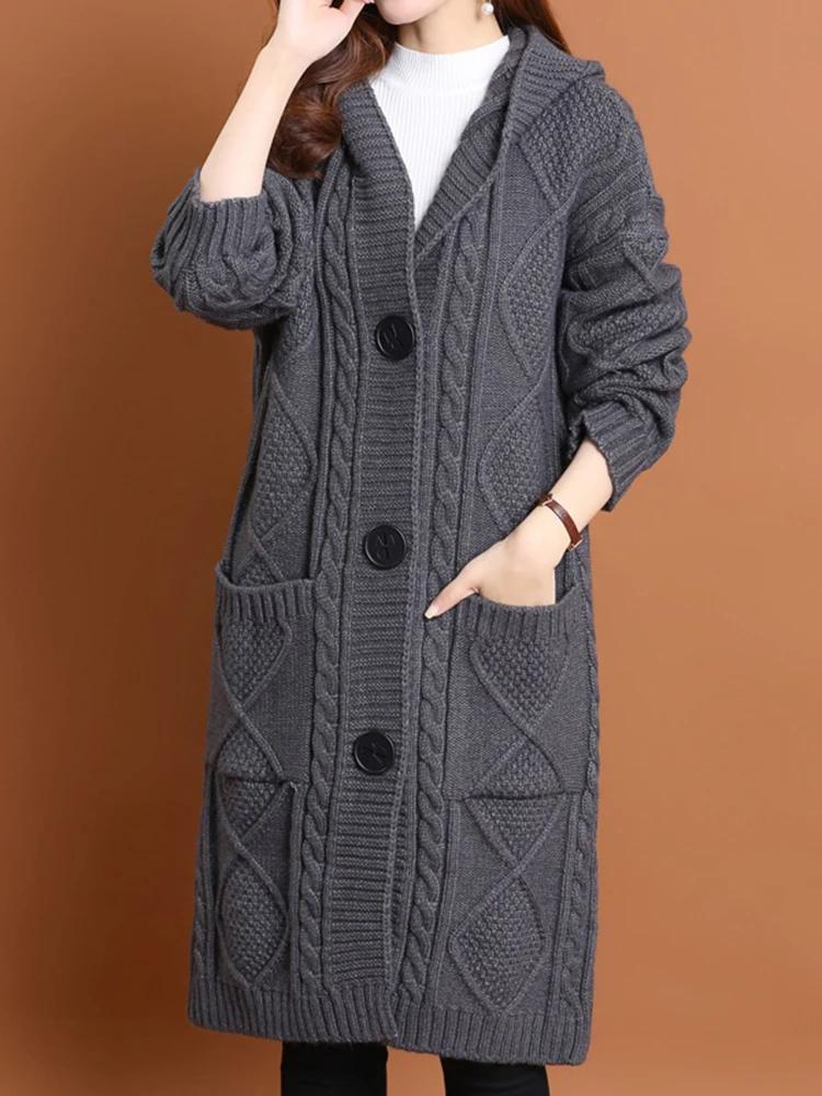 Kapüşonlu kazak hırka uzun paltolar kadın sonbahar kış gevşek kalın sıcak örgü ceketler gündelik tek göğüslü triko casaco yeni