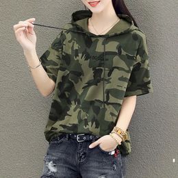 T-shirt à capuche pour femmes, Camouflage, manches courtes, en coton, hauts d'été de Style coréen, uniforme ample et fin pour étudiantes, 240322