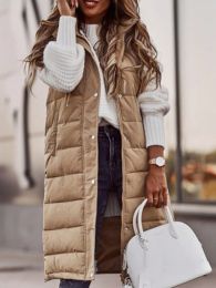 Winter lang vest met capuchon, elegante donsjas met enkele rij knopen, losse mouwloze jas, mode straatvest, casual warm