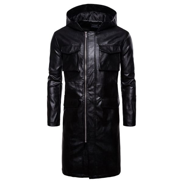 À Capuche Hiver Hommes PU Longue Veste Trench Noir Coupe-Vent Moteur Hommes Long Pois Veste Pardessus Multi Poche Style Hommes Manteau En Cuir J180771