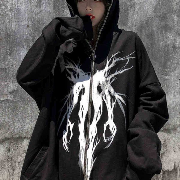 hoodiehoodieWinter Ropa de hombre Punk Estampado gráfico Zip Up Ribbon Sudadera con capucha Casual Black Cool Oversize Abrigo unisex Sudadera de moda