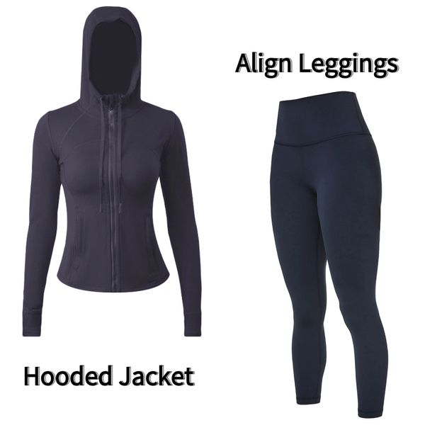 LL Gym Set Sudaderas con Capucha Chaquetas con Cremallera Gym Top Secado rápido Suave Sensación Desnuda Yoga Alinear Leggings Ropa Deportiva Mujer Ropa de Entrenamiento Correr Fitness Conjunto Deportivo