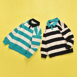 Sweats à capuche Sweatshirts Coton Gros Enfants Mode Top Garçons POLO Col Pull Automne Enfants Coréen Collège Style Rayure Revers Bébé Pull 230904