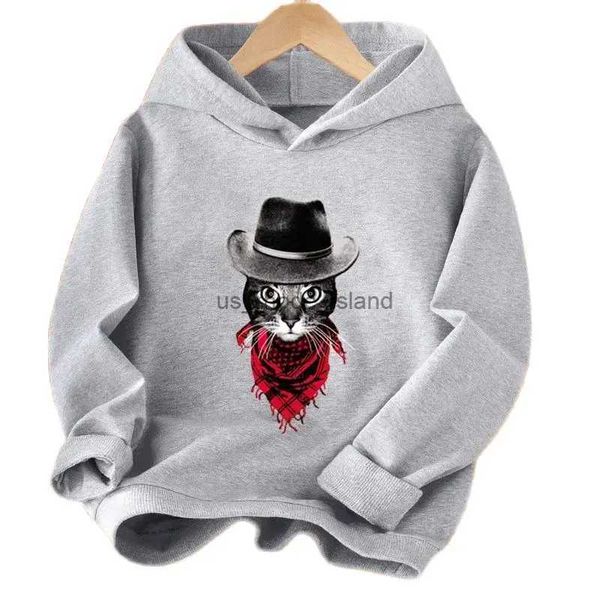 Sweats à capuche drôle Cowboy Meow chat enfants sweats à capuche Streetwear amoureux des animaux coton pull à capuche garçon fille printemps automne vêtements d'extérieur L240125