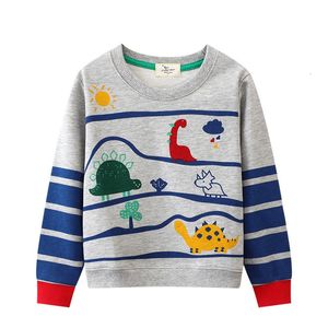 Hoodies Sweatshirts Springen Meter 27T Herfst Winter kinderen Dinosaurussen Print Gestreepte Leuke Jongens Hooded Shirts Kinderkleding Tops 230801