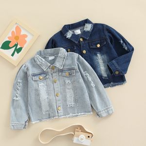 Sweats à capuche Sweats Toddler Enfants Bébés Filles Déchiré Denim Vestes De Mode À Manches Longues Bouton Vers Le Bas Distressed Jean Vestes 16T 230223