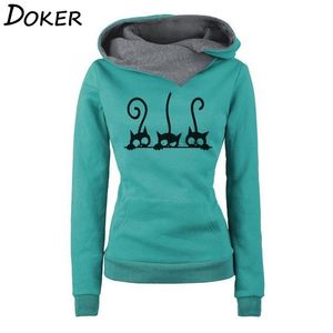 Hoodies Dames Herfst Winter Mode Kat Prined Lange Mouw Oversized Pullovers Sweatshirt Vintage Warme Hooded Tops Ropa Mujer 210803