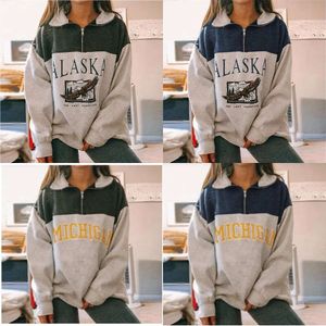 Hoodies dames sweatshirts vrouwen staan kraag sweatshirt herfst half ritssluiting letter print pullover vintage lange mouw oversized warme wint