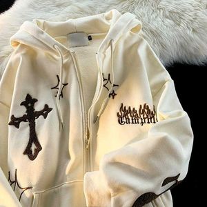 Sweats à capuche Y2K croix broderie femmes Vintage ample décontracté veste à glissière homme Hip Hop Harajuku Punk sweats Streetwear Y2211